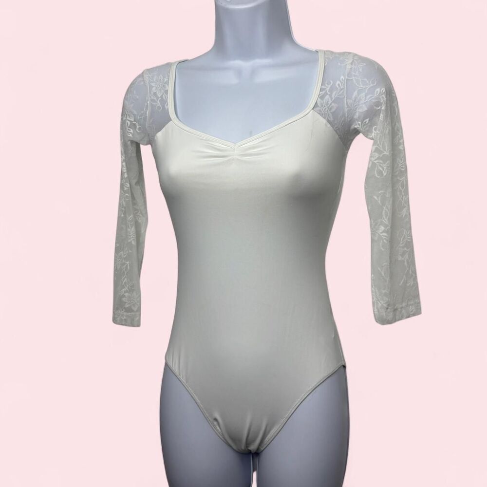 Women's Small White Lace Bodysuit Sheer Floral Chest Panel Long Sleeve